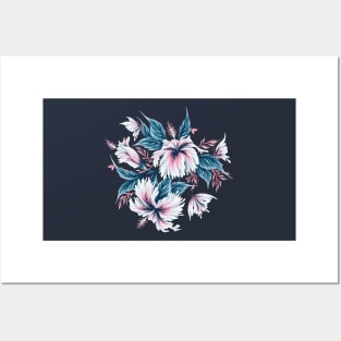 Hibiscus Butterflies - Navy Blue Pink Posters and Art